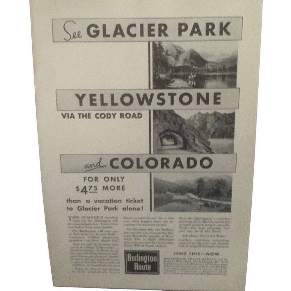 Vintage 1932 Burlington Route Glacier Park Yellowstone Colorado Ad Advertisement
